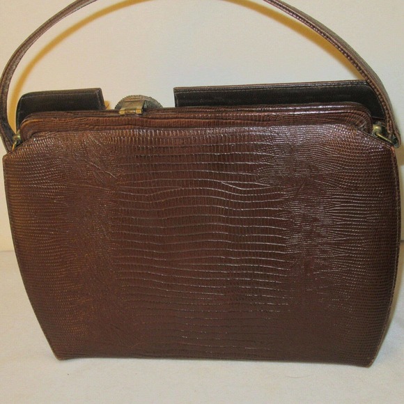 Vintage Original by Caprice Brown Reptile Embossed Handbag Purse Brooch Clasp - Picture 4 of 8